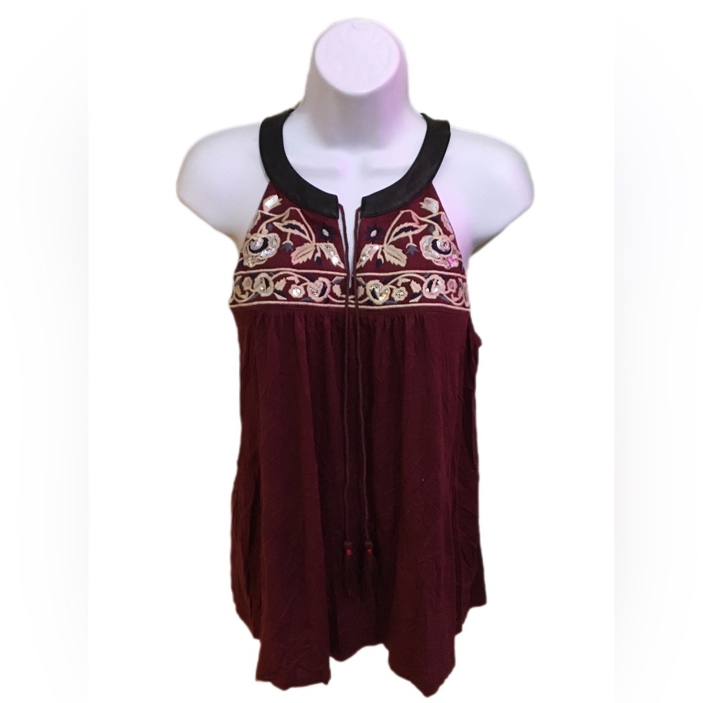 Embroidered Burgundy Sleeveless Top